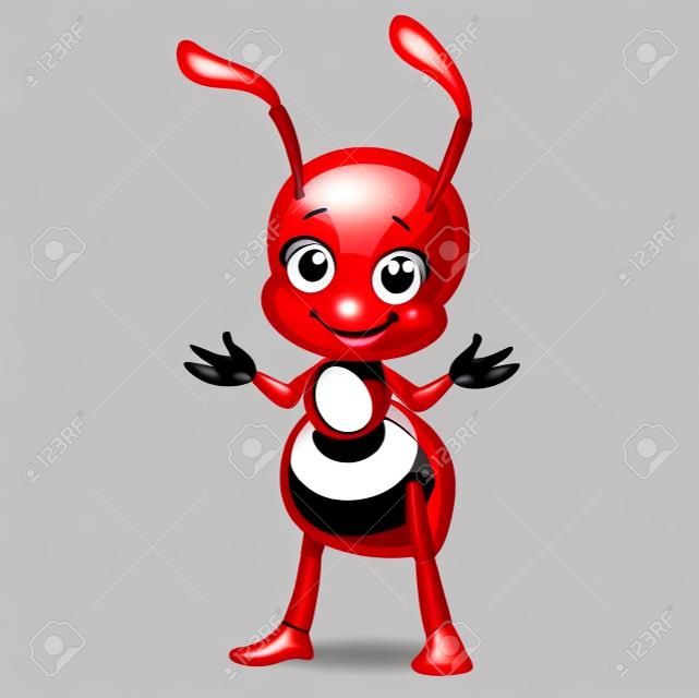 Pequena formiga vermelha dos desenhos animados bonito isolado em um fundo branco