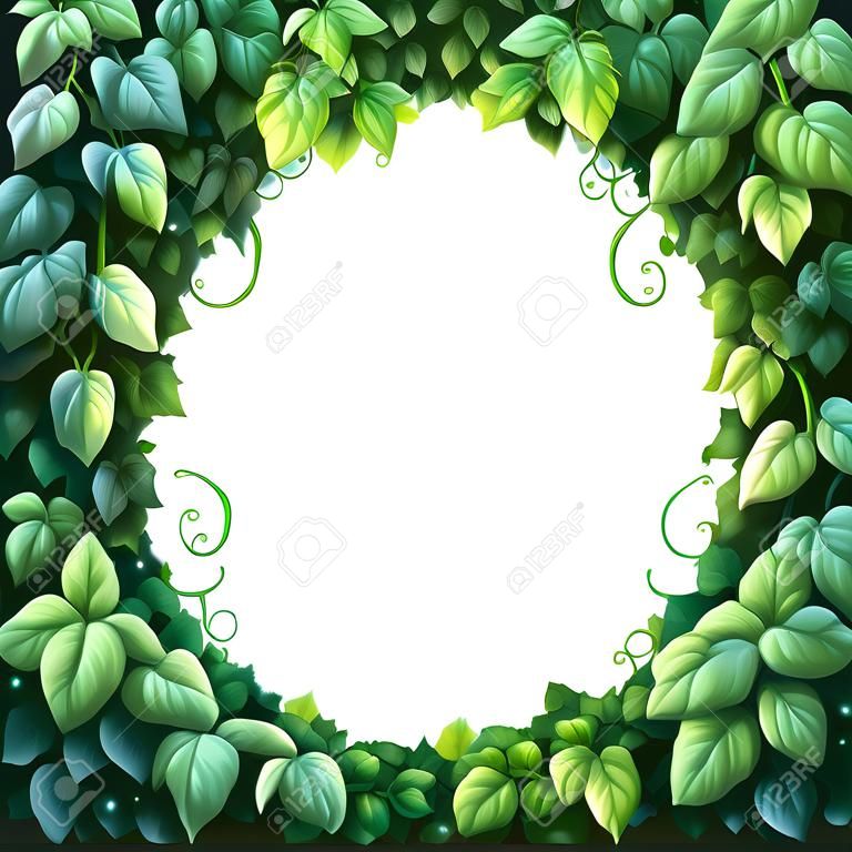 Marco ovalado para decoración de texto Bosque encantado de hiedra verde sobre un fondo blanco.
