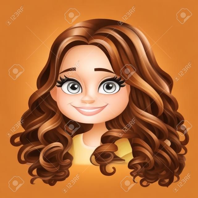 Bella ragazza bruna sorridente felice del fumetto con il ritratto dei capelli castani isolato su bianco