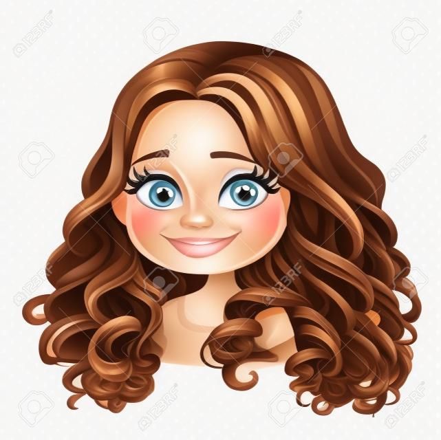 Belle fille brune souriante heureuse de bande dessinée avec le portrait de cheveux bruns d'isolement sur le blanc
