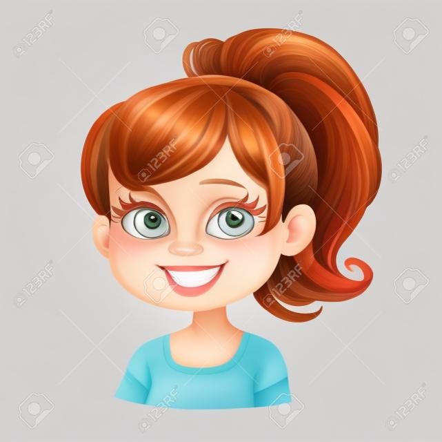 Beautiful  joyfully smiling cartoon fair-haired girl with hair gathered in ponytail portrait isolated on white