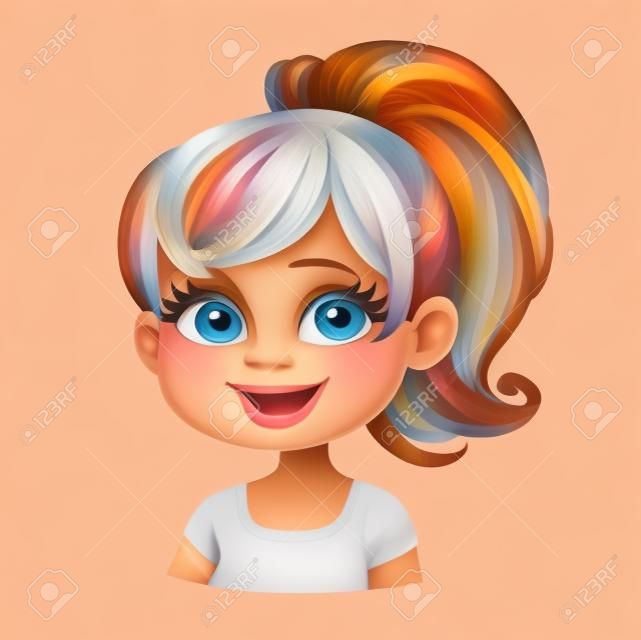 Belle fille aux cheveux blonds de dessin animé souriant joyeusement avec des cheveux rassemblés en portrait de queue de cheval isolé sur blanc