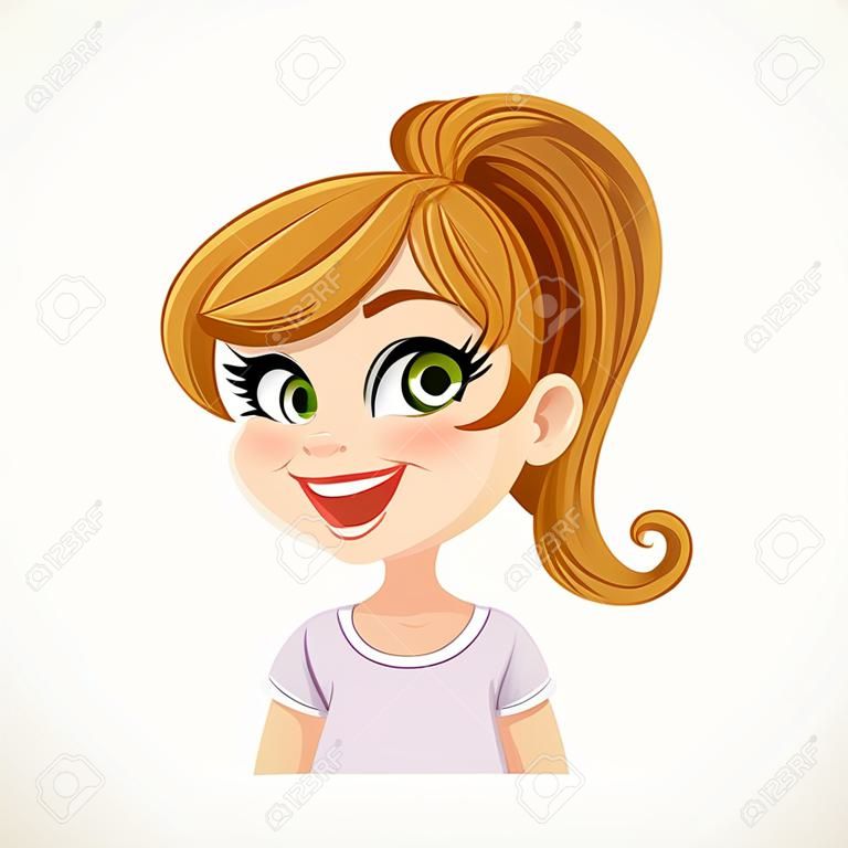 Beautiful cheerily winking cartoon fair-haired girl with hair gathered in ponytail portrait isolated on white background
