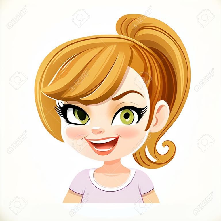 Beautiful cheerily winking cartoon fair-haired girl with hair gathered in ponytail portrait isolated on white background