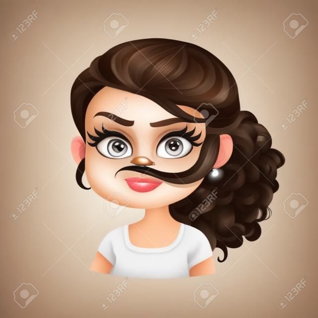 Hermosa tonta hace un bigote de cabello chica morena de dibujos animados con retrato de cabello chocolate oscuro aislado sobre fondo blanco.