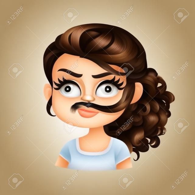Schöne dumme macht einen Schnurrbart aus Haarkarikatur-Brünettes Mädchen mit dunklem Schokoladenhaarporträt lokalisiert auf weißem Hintergrund