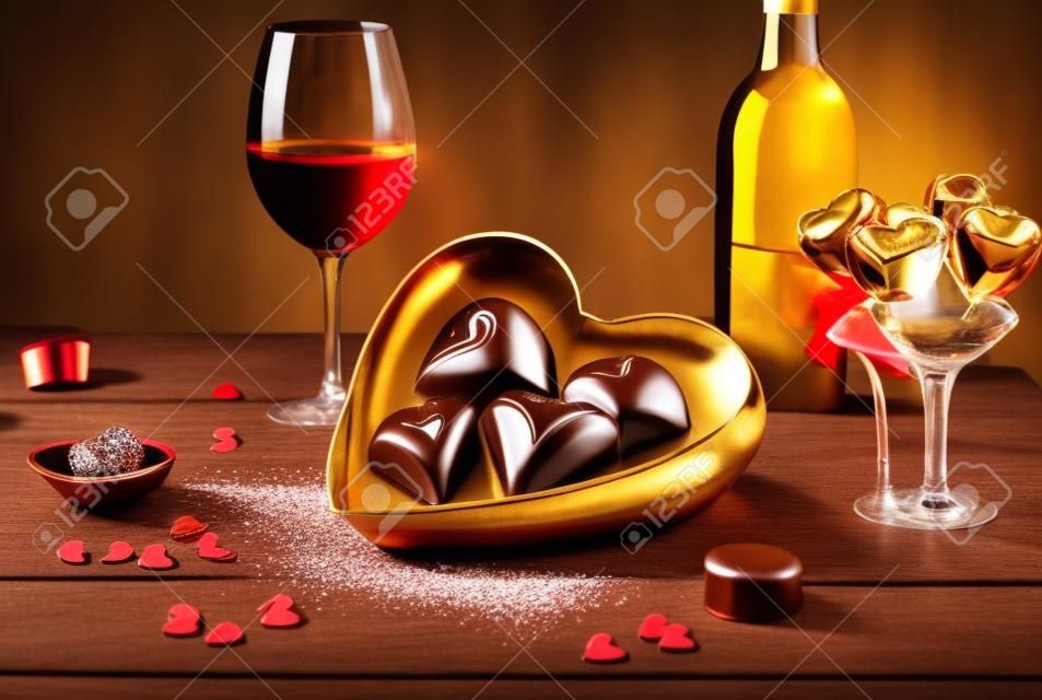 Chocolates in the shape of a heart and a bottle of Champagne on a wooden table. Valentines Day Concept. Generative AI.