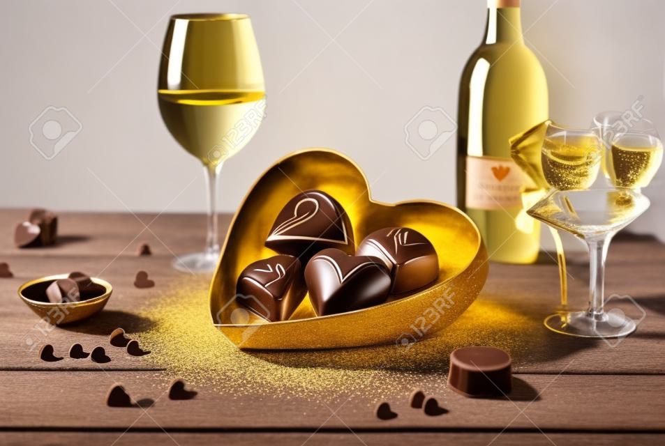 Chocolates in the shape of a heart and a bottle of Champagne on a wooden table. Valentines Day Concept. Generative AI.