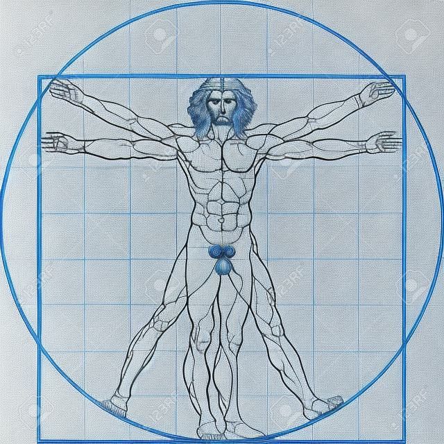 Vitruvian 남자, 또는 소위 Leonardo da Vinci 남자. 상세한 그림. 블루 버전.