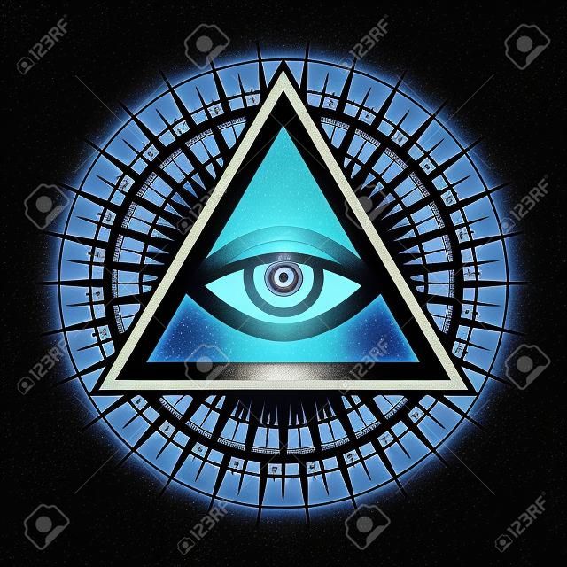 全能的上帝之眼（普罗维登斯之眼|无所不知之眼|发光三角洲| Oculus Dei）在孤立的背景中。古代神秘骨的光明会和共济会的象征。