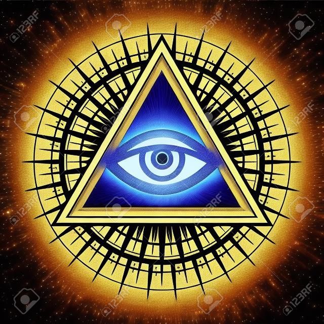 Allsehendes Auge Gottes (das Auge der Vorsehung | Auge der Allwissenheit | leuchtendes Dreieck | Oculus Dei) in getrenntem Hintergrund. Altes mystisches sakrales Symbol der Illuminaten und der Freimaurerei.