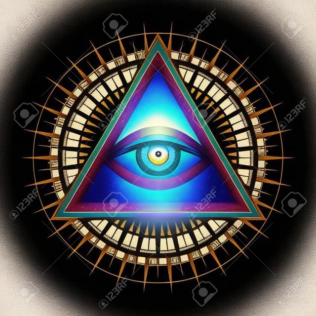 Isten mindent látó szeme (A gondviselés szeme | A mindentudás szeme | Világító delta | Oculus Dei) elszigetelt háttérrel. Az illuminátusok és a szabadkőművesség ősi misztikus szakrális szimbóluma.