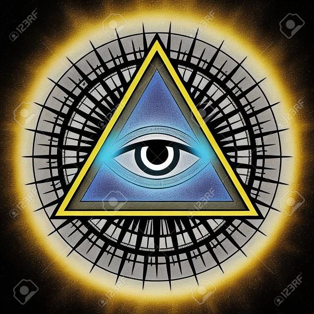 Allsehendes Auge Gottes (das Auge der Vorsehung | Auge der Allwissenheit | leuchtendes Dreieck | Oculus Dei) in getrenntem Hintergrund. Altes mystisches sakrales Symbol der Illuminaten und der Freimaurerei.