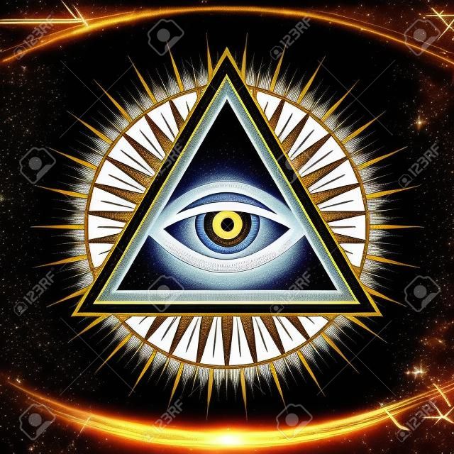 O Olho Que Tudo Vê de Deus (O Olho da Providência  Olho da Onisciência  Delta Luminoso  Oculus Dei). Símbolo místico antigo sacral dos Illuminati e da Maçonaria.
