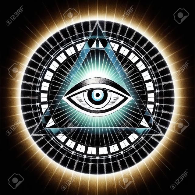 하나님의 만남의 눈 (섭리의 눈 | 옴어셀리티의 눈 | 빛의 델타 | 오쿨루스 데이). Illuminati 및 프리메이슨의 고대 신비한 성례의 상징.