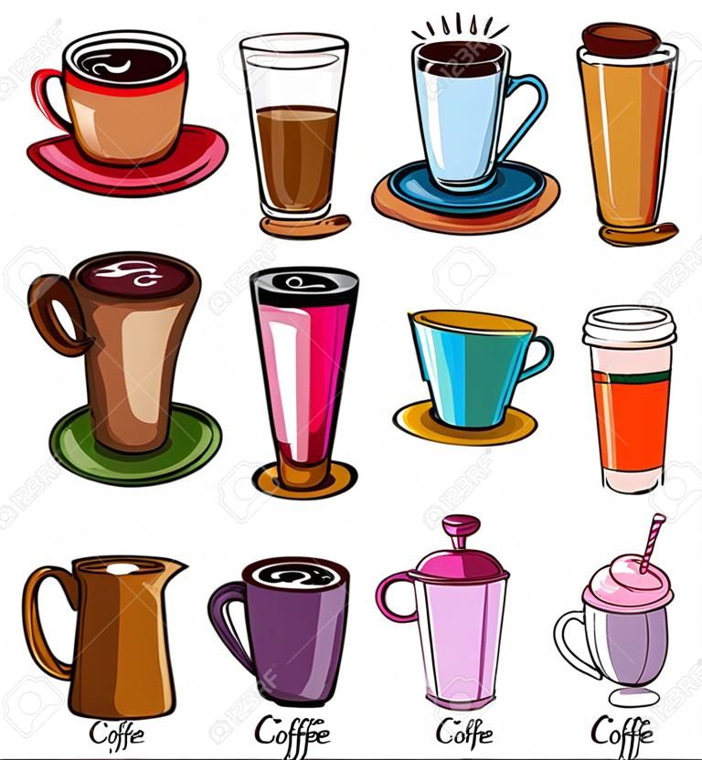 Serie di dodici tazze diversi tipi di caffè, illustrazione vettoriale.