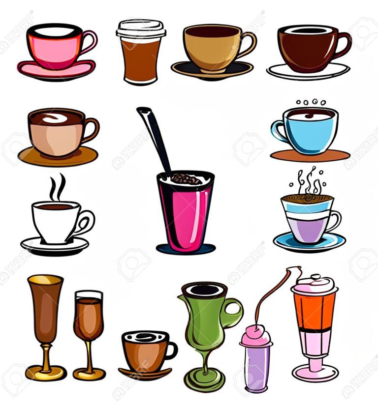 Serie di dodici tazze diversi tipi di caffè, illustrazione vettoriale.
