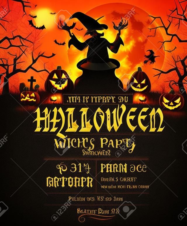 Halloween Party invitation with terrible pumpkins and witch.