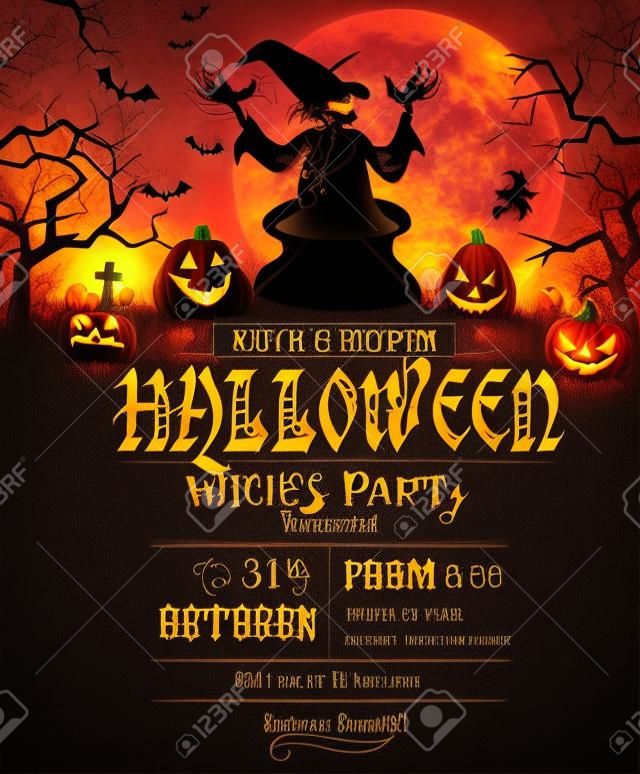 Halloween Party invitation with terrible pumpkins and witch.