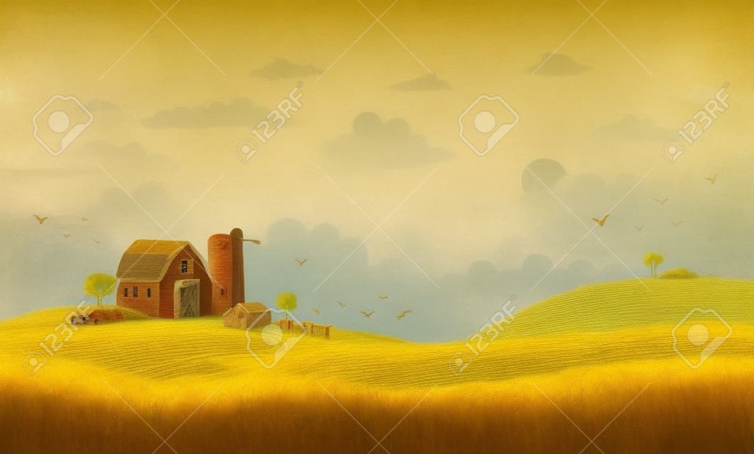Landelijk scène met de boerderij en velden van de bewaarde rogge op een zonnige dag. De goede keuze voor Thanksgiving achtergrond of wenskaart.