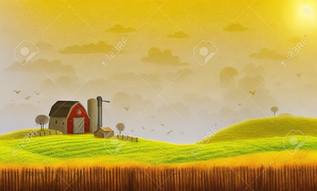 Landelijk scène met de boerderij en velden van de bewaarde rogge op een zonnige dag. De goede keuze voor Thanksgiving achtergrond of wenskaart.