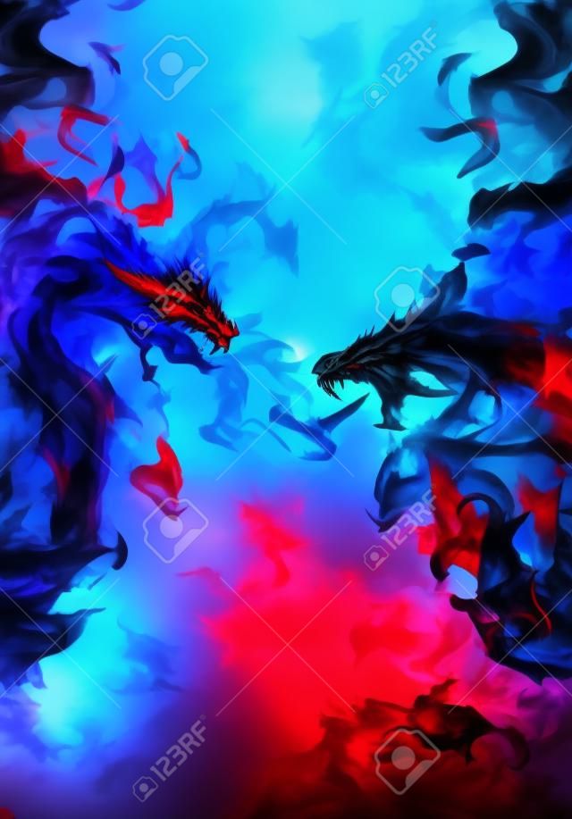 Resumen azul contra dragón rojo ardiente
