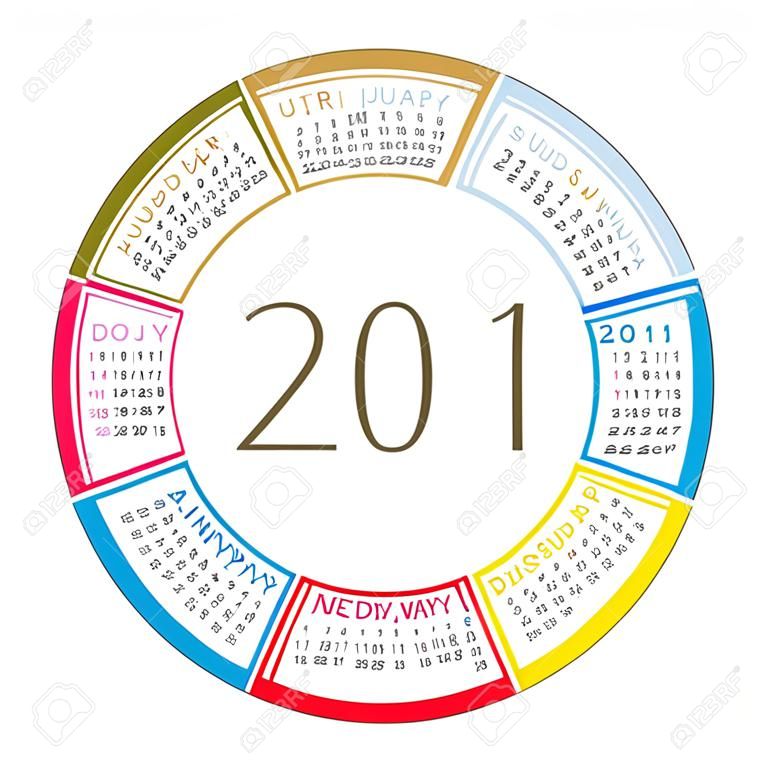 colorful calendar for 2011. Circular design. Week starts on Sunday