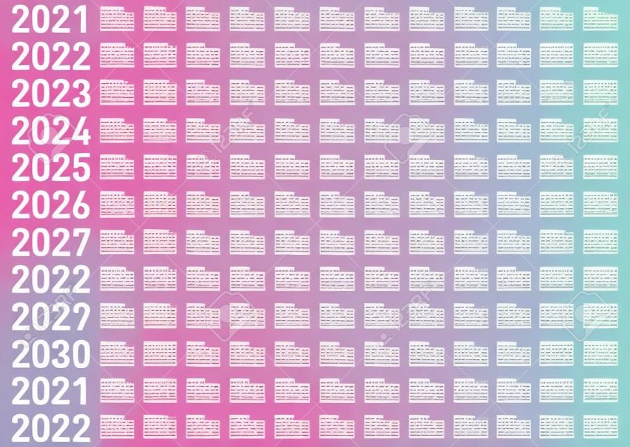 Calendar for Years 2021, 2022, 2023, 2024, 2025, 2026, 2027, 2028, 2029, 2030, 2031 and 2032, in pastel tones. Vector Format.