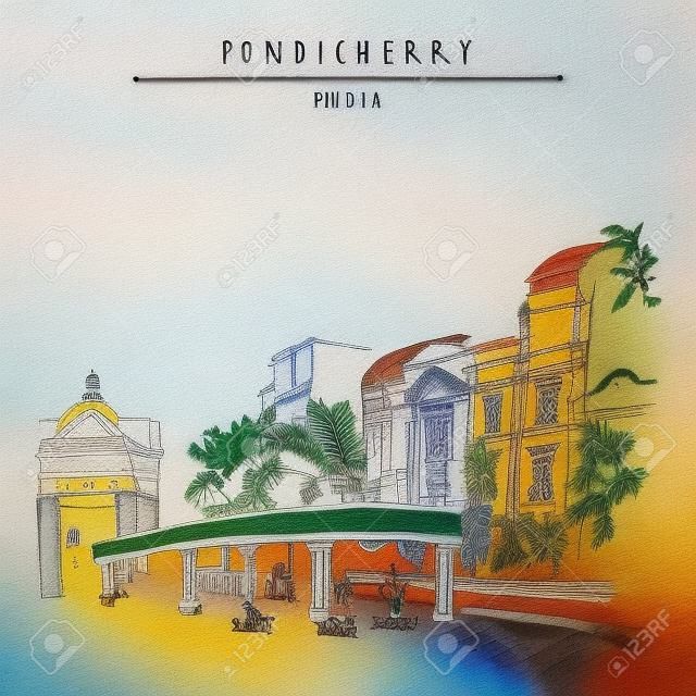 Pondicherry (Puducherry), 인도. 종이에 예술적 드로잉입니다. 여행 스케치.