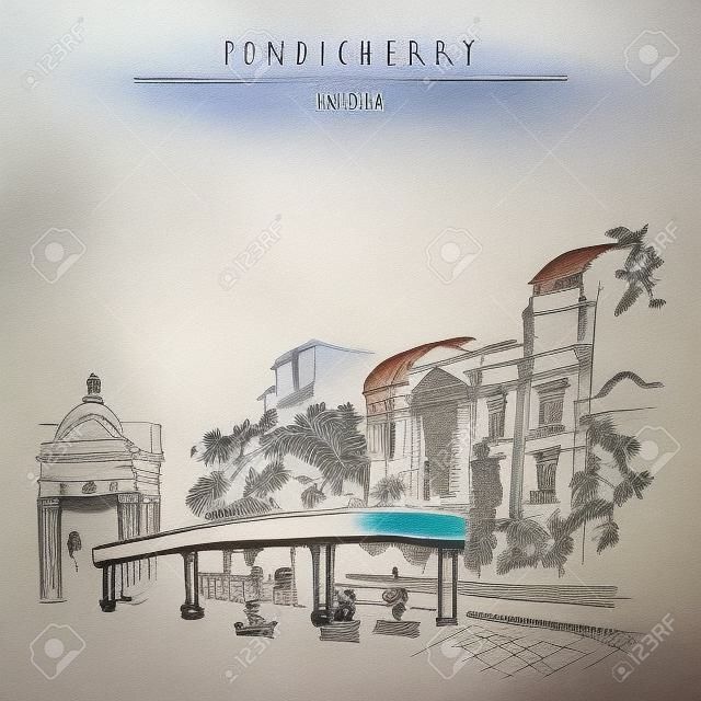 Pondicherry (Puducherry), Indie. Rysunek artystyczny na papierze. Szkic podróżniczy.