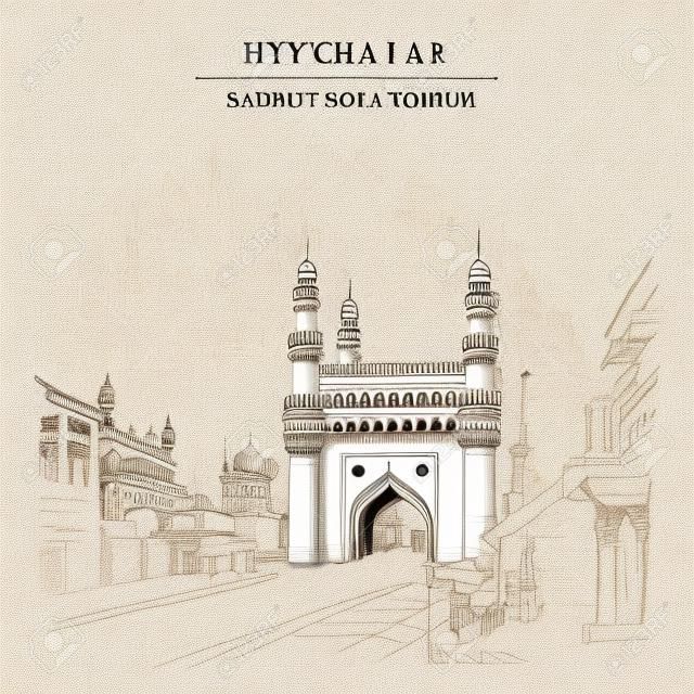 Hyderabad, Telangana 주, 인도. Charminar- 유명한 역사적 사원입니다. 여행 스케치. 빈티지 손으로 그린 ​​엽서 서식 파일입니다. 벡터