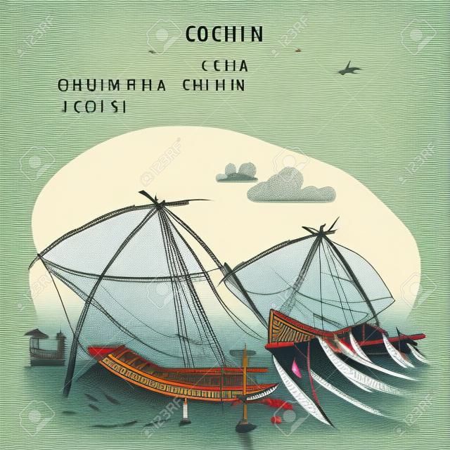 Cochin (Kochi), Kerala, Südindien. Chinesische Fischernetze und Holzboote. Historisches Wahrzeichen im Sommer. Vektor handgezeichnete Reisepostkarte