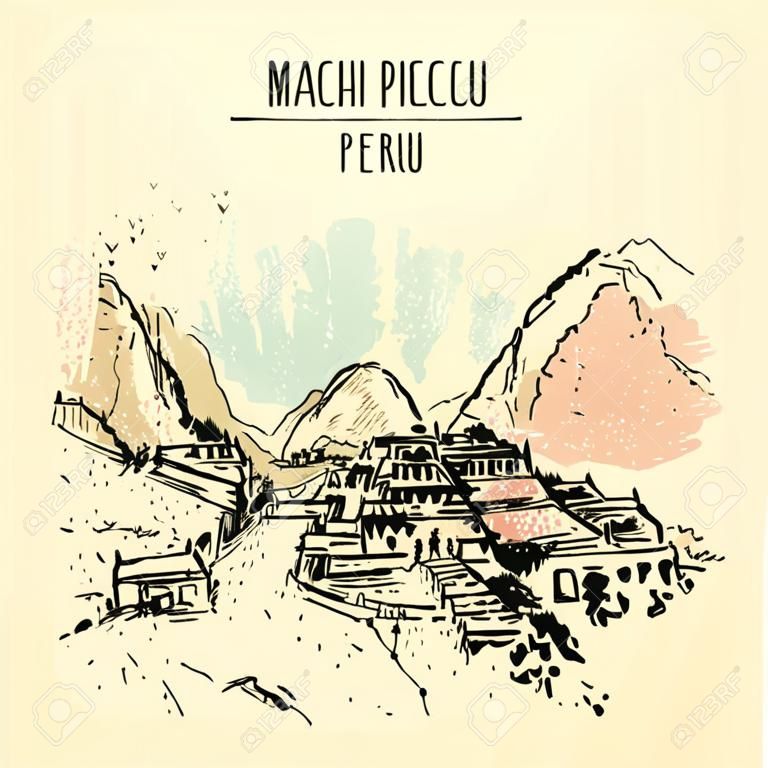 Vue imprenable sur Machu Picchu, Pérou. Célèbre ville inca dans les montagnes des Andes. Carte postale dessinée à la main artistique vintage, modèle d'affiche, illustration de livre en vecteur