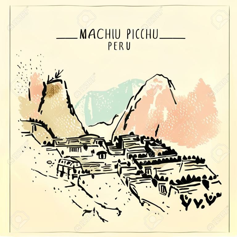 Vue imprenable sur Machu Picchu, Pérou. Célèbre ville inca dans les montagnes des Andes. Carte postale dessinée à la main artistique vintage, modèle d'affiche, illustration de livre en vecteur