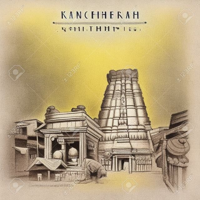 Kanchipuram (Kanchi), Tamil Nadu, South India. Market at Ekambeshwarar (Ekambaranatha) Temple. Hindu religion sacred place. Travel sketch drawing. Vintage hand drawn touristic postcard, poster