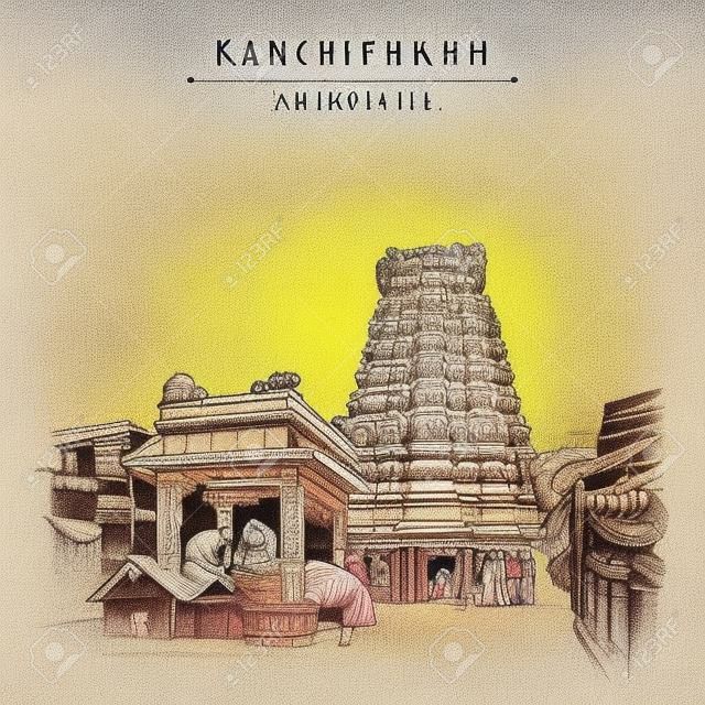カンチプラム(カンチ)、タミル・ナードゥ州、南インド。エカンベシュワラ(エカンバラナタ)寺院の市場。ヒンズー教の宗教の神聖な場所。旅行スケッチ図面。ヴィンテージ手描き観光ポストカード、ポスター