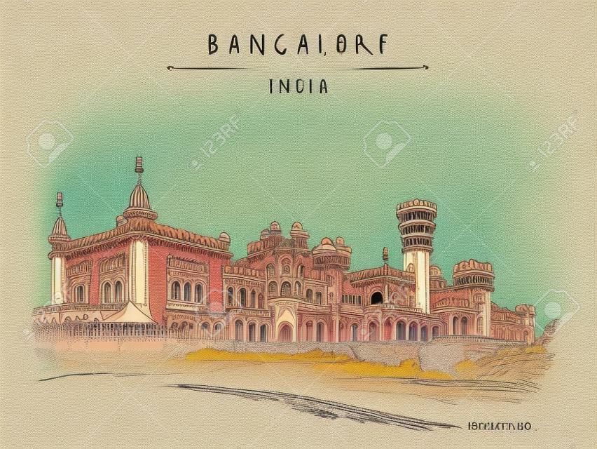 Bangalore (bengaluru), karnataka, indie. piękny pałac w Bangalore. szkic podróży. starodawny ręcznie rysowane szablon pocztówki. ilustracja wektorowa