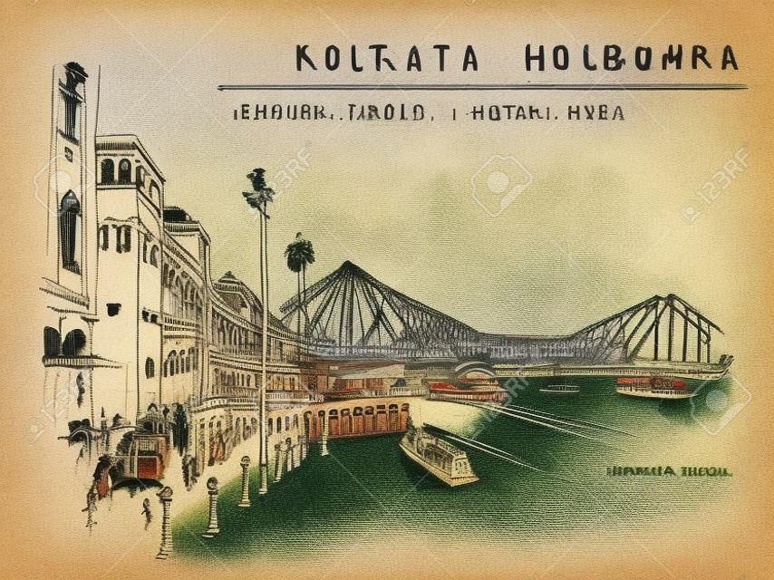 Kalkutta, Indien. Der Bahnhof Howrah Junction aus der britischen Ära und die Howrah Bridge über den Fluss Hooghly (Hugli, Hoogli). Erbe der Kolonialarchitektur. Berühmte historische Sehenswürdigkeiten. Vektor handgezeichnete Reisepostkarte