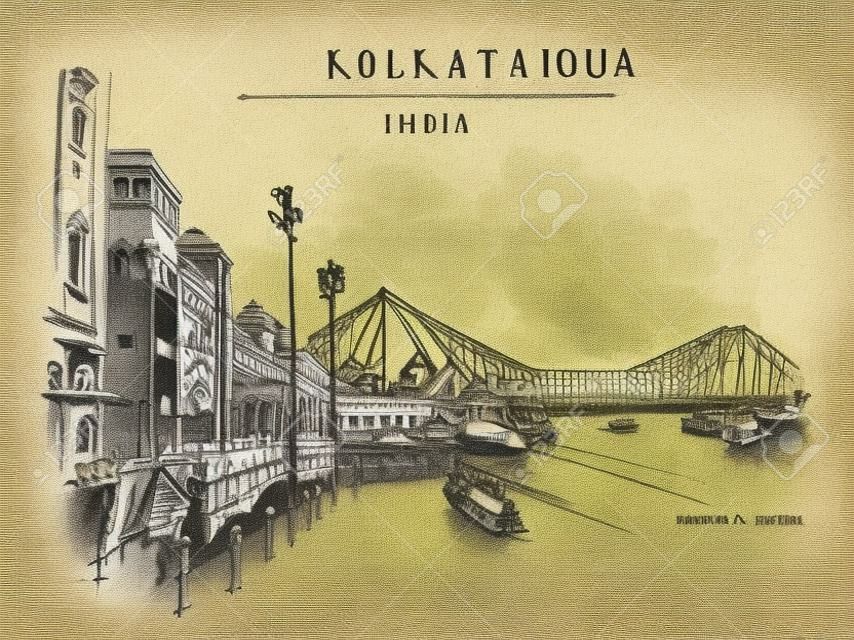 Calcutta, India. La stazione ferroviaria di Howrah Junction di epoca britannica e il ponte di Howrah sul fiume Hooghly (Hugli, Hoogli). Architettura coloniale del patrimonio. Famosi monumenti storici. Cartolina da viaggio disegnata a mano di vettore