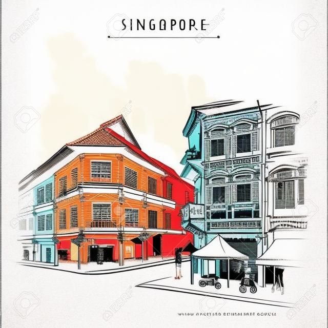 Singapur turystyczny przewodnik ilustracja Singapur pejzaż miejski stare miasto retro plakat artystyczny podróż szkic ręcznie rysowane vintage pocztówka turystyczna plakat broszura ilustracja