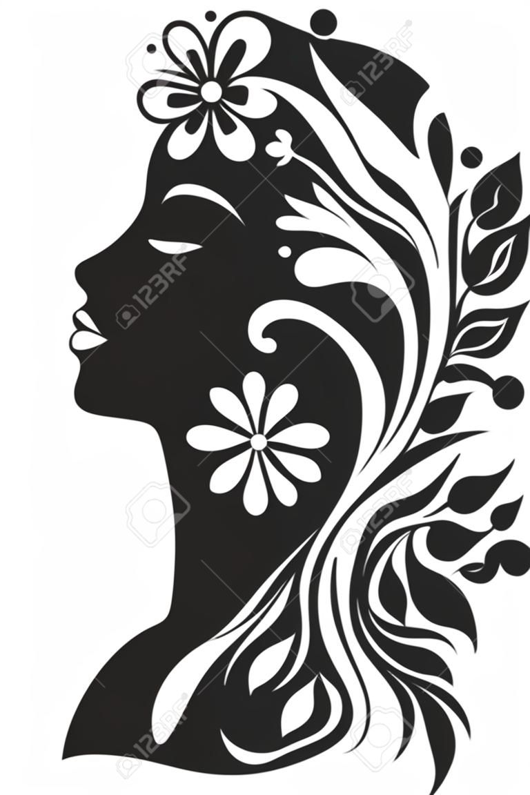 Sofisticado encanto de flora negro vector icono abstracto flor resplandor mujer cara emblema