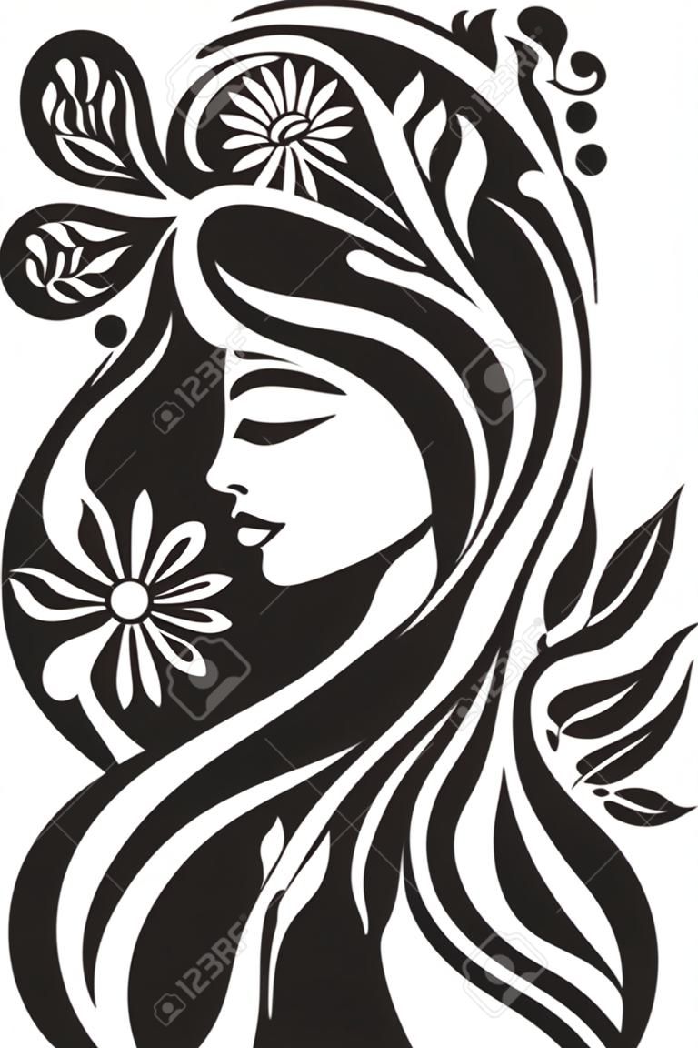 Sophisticated Flora Charm Black Vector Icon Abstract Blossom Radiance Woman Face Emblem