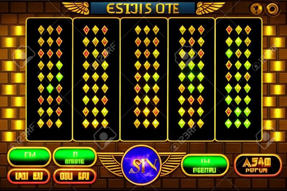 Interface principal de fundo egípcio e botões para jogo de slot machine de cassino