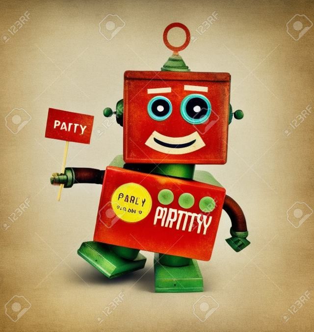 Маленькая счастливая старинный игрушечный робот держит партии знак на белом фоне