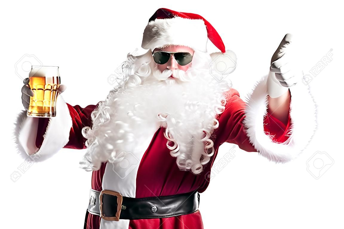 聖誕老人拿著啤酒，白色背景