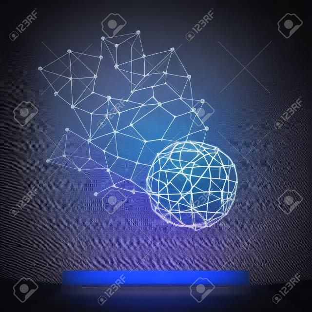 Computação em nuvem abstrata e design de conceito de conexões de rede com malha geométrica transparente, esfera de wireframe