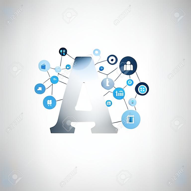Künstliche Intelligenz, Internet der Dinge und intelligentes Technologie-Konzeptdesign mit AI-Logo und Symbolen