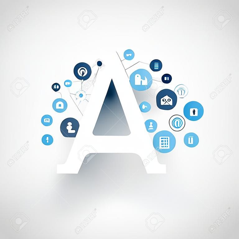 Intelligenza artificiale, Internet of Things e Smart Technology Concept Design con logo e icone AI
