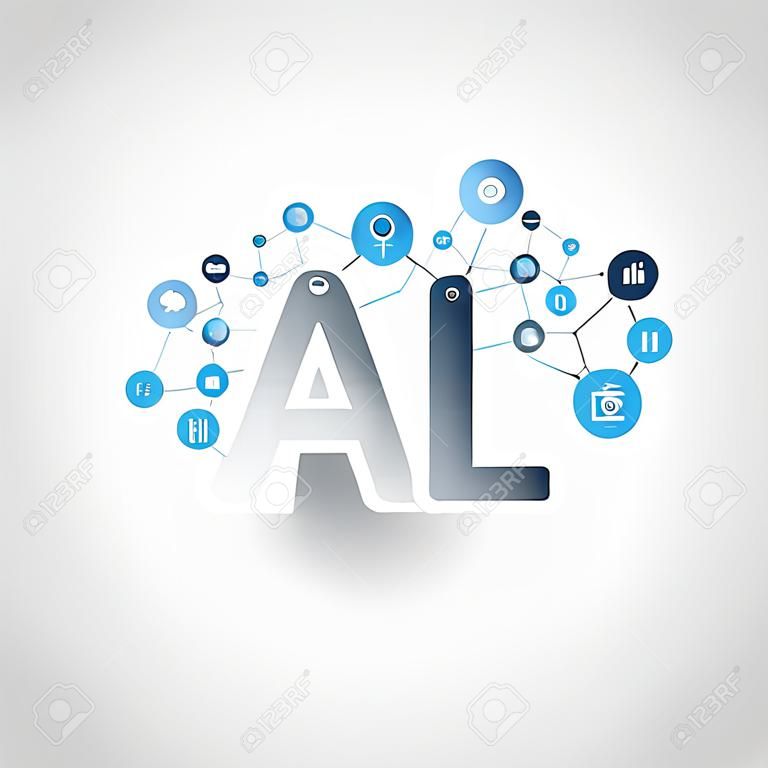 인공 지능, 사물 인터넷 및 AI 로고와 아이콘이있는 스마트 기술 개념 설계