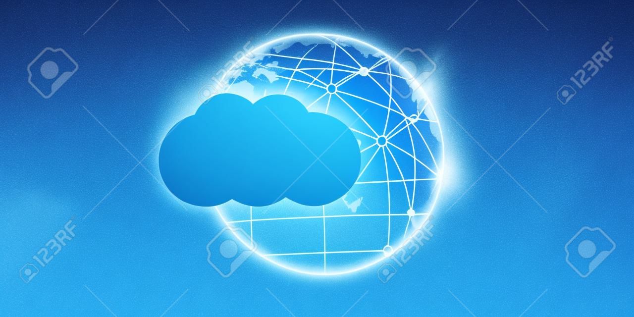 Cloud Computing Design Concept - Digital Connections, Technology Background with Earth Globe, World Map and Geometric Network Mesh